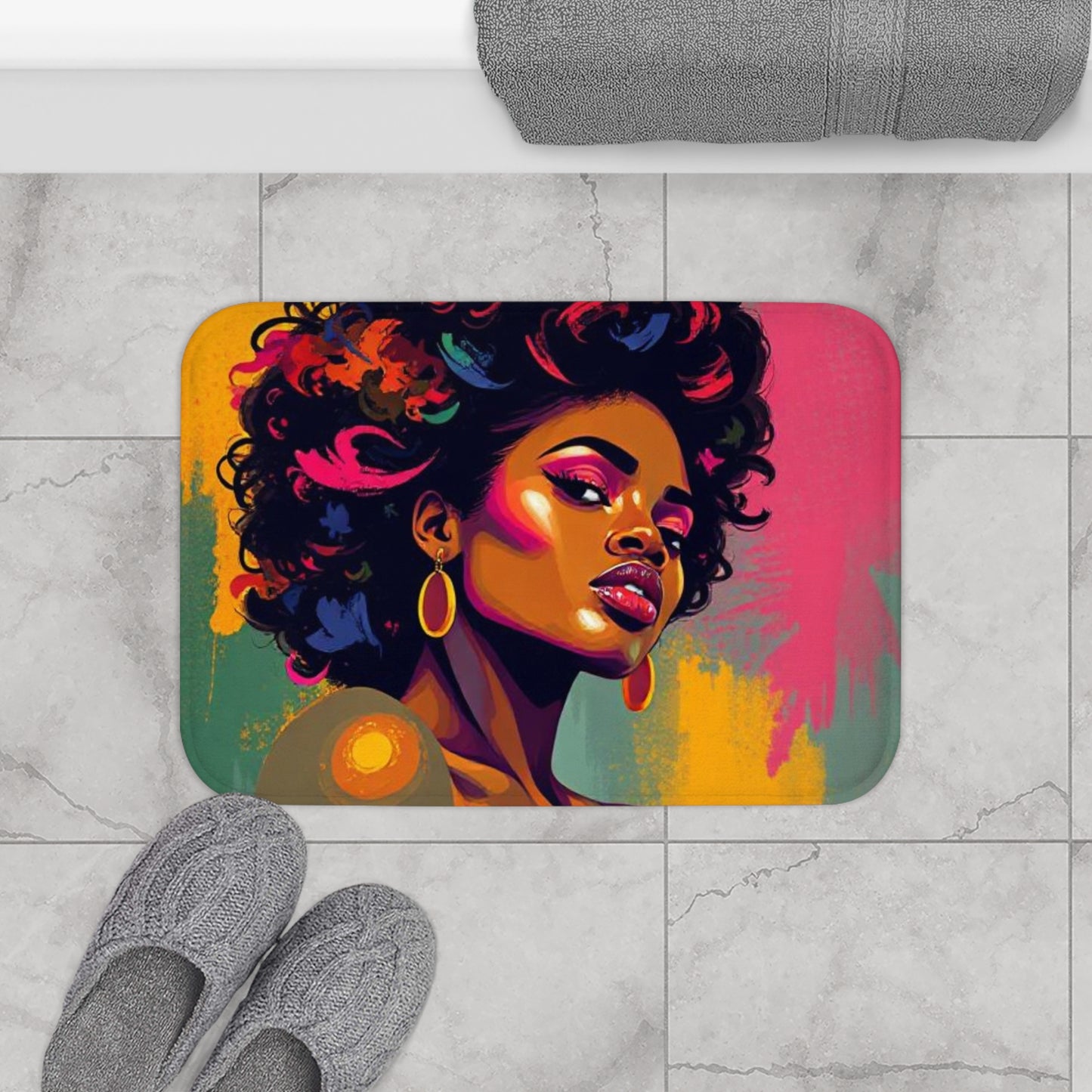Afrocentric Pop Art Bath Mat — Colorful Portrait Bathroom Rug