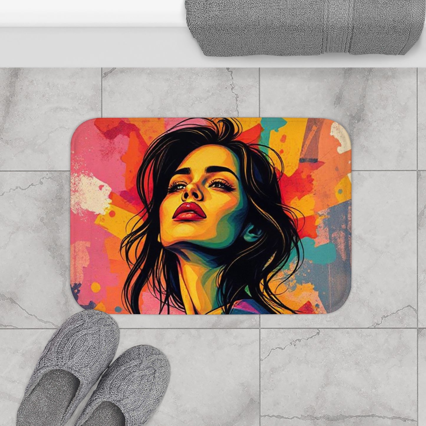Colorful Pop Art Woman Bath Mat — Vibrant Modern Bathroom Rug
