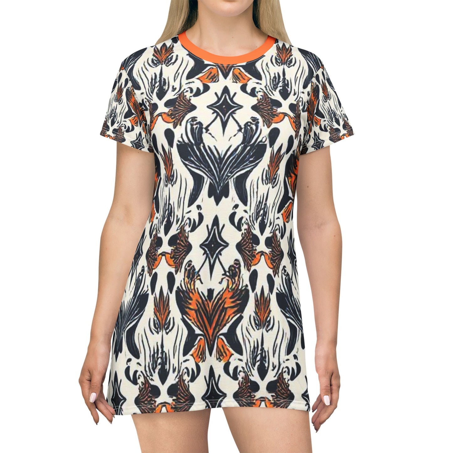 Bohemian Flame T-Shirt Dress - Casual & Vibrant Floral Pattern