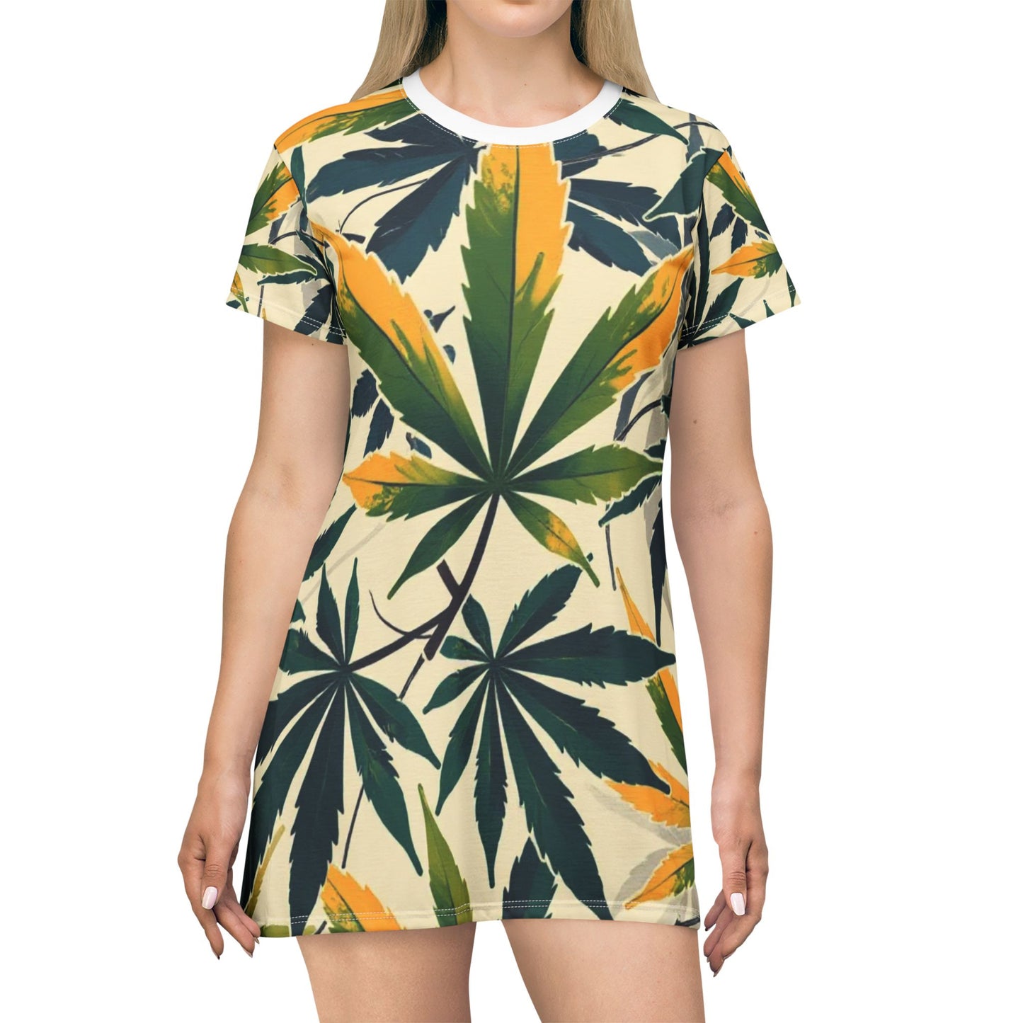 Botanical Leaf T-Shirt Dress - Casual Summer Wear for Nature Lovers