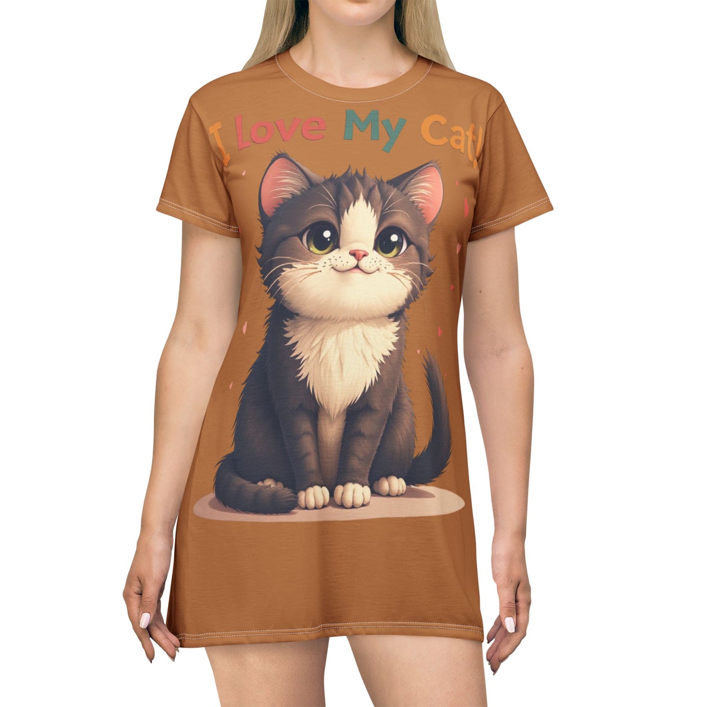 Cozy Cat Lover T-Shirt Dress - "I Love My Cat!" Cute Pet Apparel