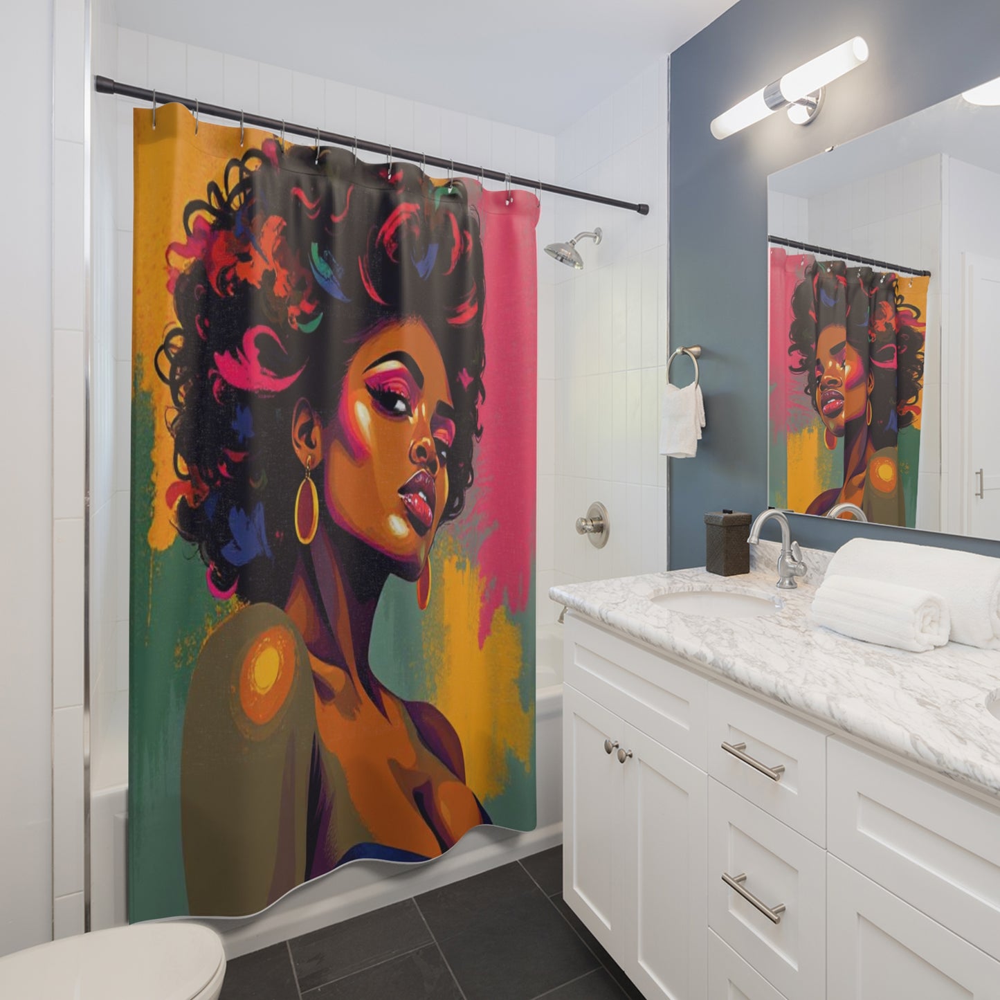 Bold Afrocentric Art Shower Curtain — Vibrant Portrait Bathroom Decor