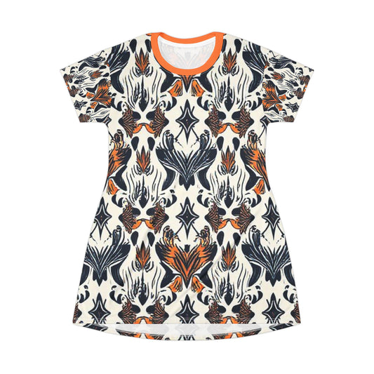Bohemian Flame T-Shirt Dress - Casual & Vibrant Floral Pattern