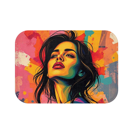 Colorful Pop Art Woman Bath Mat — Vibrant Modern Bathroom Rug
