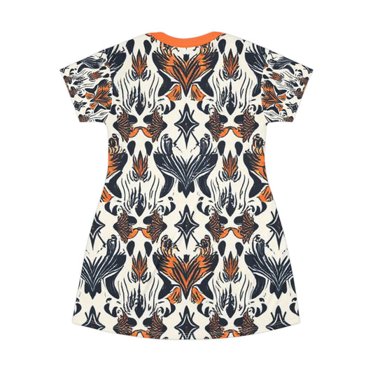 Bohemian Flame T-Shirt Dress - Casual & Vibrant Floral Pattern
