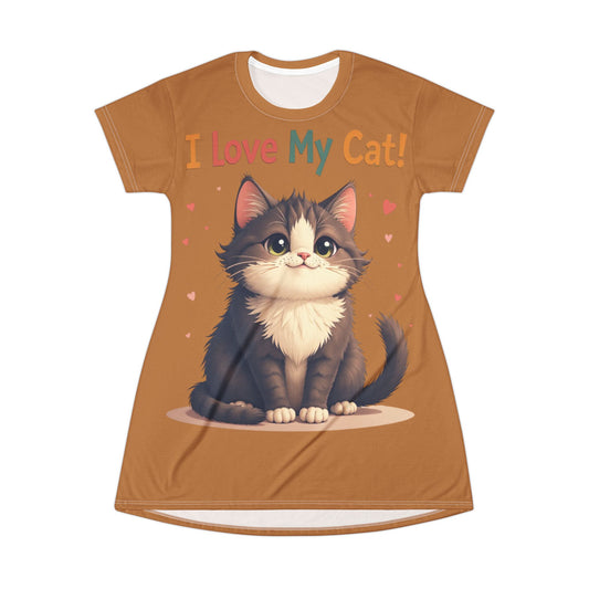 Cozy Cat Lover T-Shirt Dress - "I Love My Cat!" Cute Pet Apparel
