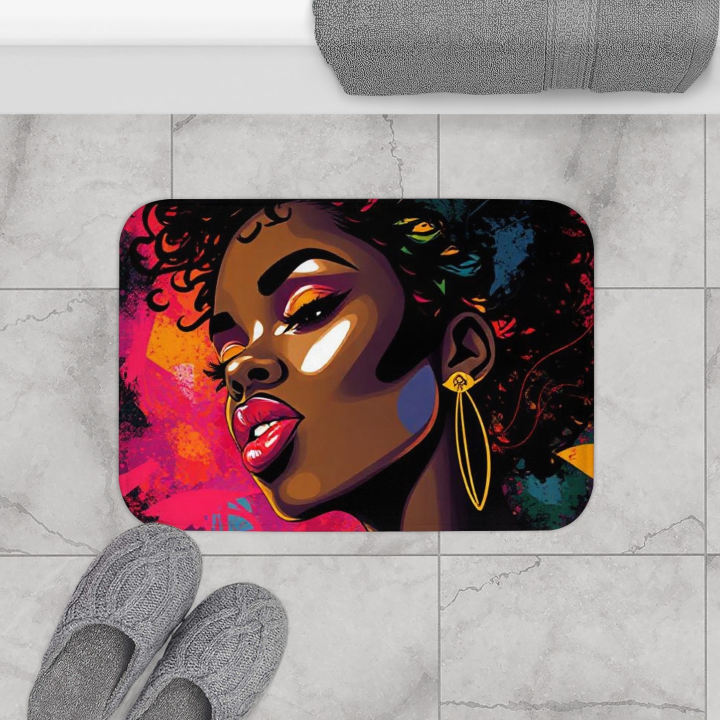 Afro Pop Art Bath Mat — Vibrant Black Woman Portrait Bathroom Rug